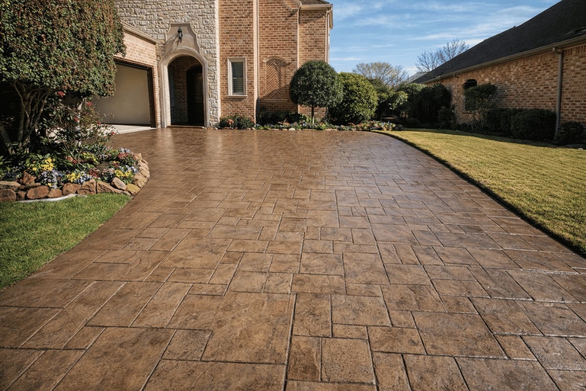 stained and sealed concrete stamped driveway residential exterior