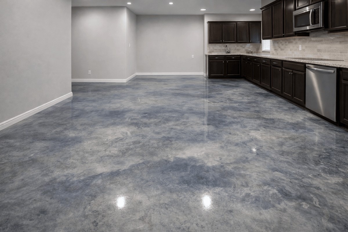 stained concrete interior office floors light grey and blue