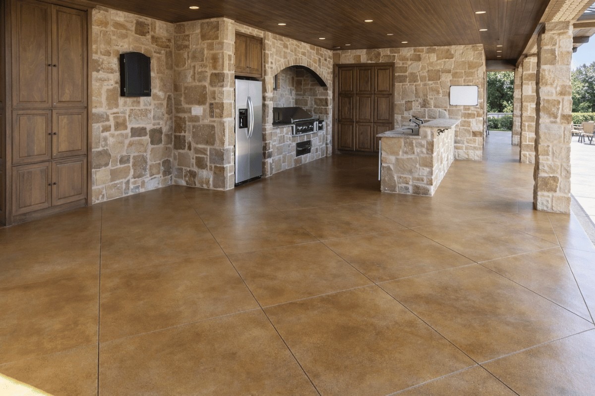 stained concrete outdoor residential patio installed by Luxe Concrete Coatings