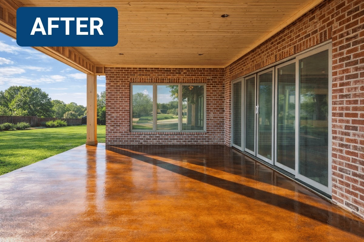 stained concrete patio AFTER photo in OKC by Luxe Concrete Coatings