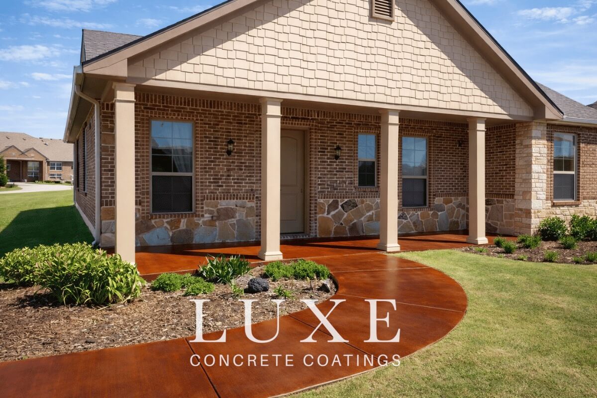 front porch and side walk concrete staining by Luxe Concrete Coatings