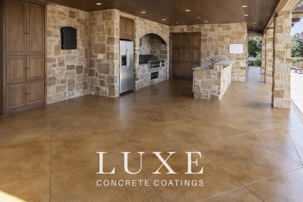 stained concrete outdoor residential patio installed by Luxe Concrete Coatings