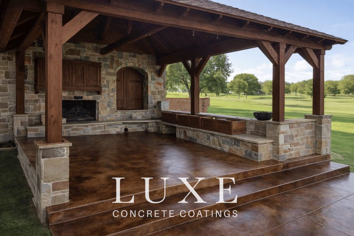 stained concrete patio contractor installed outdoor finish by Luxe Concrete Coatings