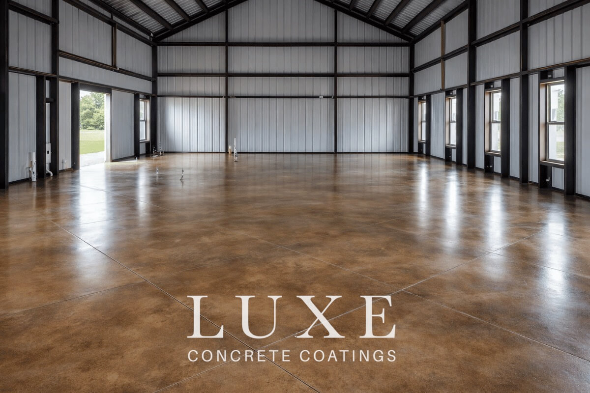 stained concrete shop warehouse floor installed by Luxe Concrete Coatings